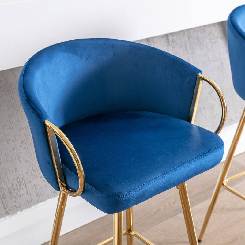 Set of 2 30" Bar Stools, Blue Velvet with Chrome Footrest & Gold Legs