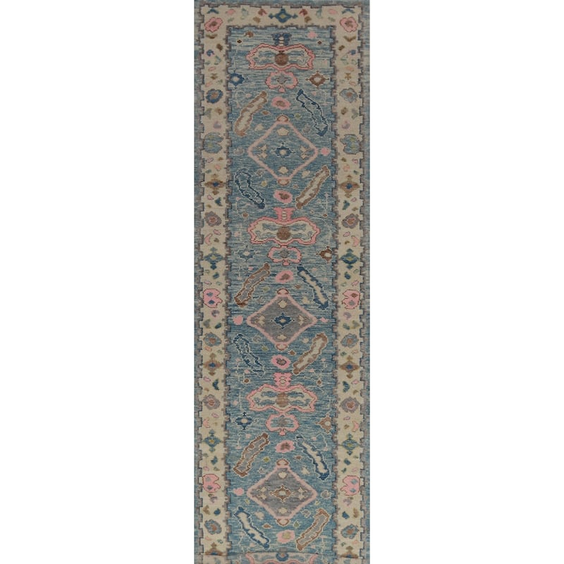 Hand Knotted Oriental 100% Wool Carpet Transitional Geometric Navy Blue & Blues Oushak Runner Rug - 14' 1'' X 3' 2''