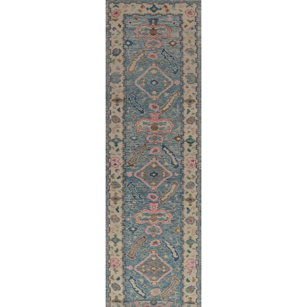 Hand Knotted Oriental 100% Wool Carpet Transitional Geometric Navy Blue & Blues Oushak Runner Rug - 14' 1'' X 3' 2''