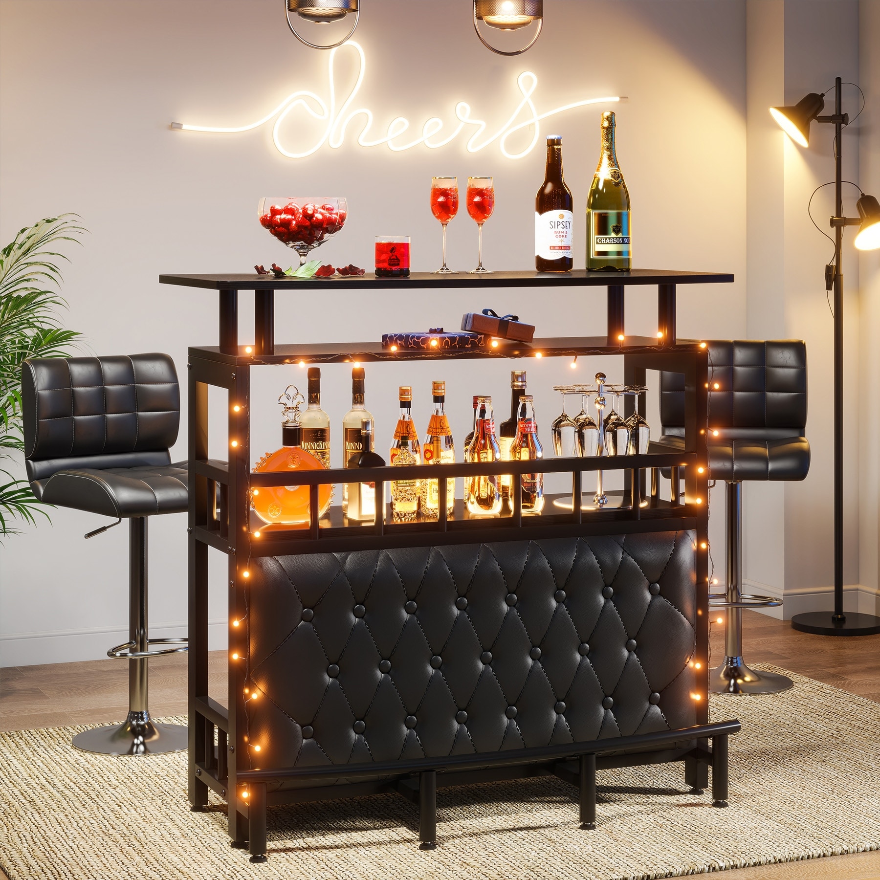 Bar Unit for Home Liquor, Black Entertainment Bar Upholstered Bar Table with Storage