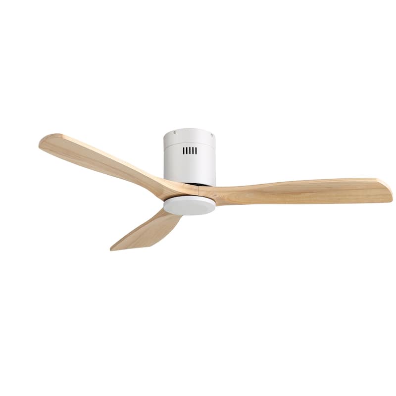 52 Inch Noiseless Flush Mount Ceiling Fan with Remote/Smart App Control,Dimmable Lights Optional,Reversible Motor - 52 Inch - White with Wood/Without Lights