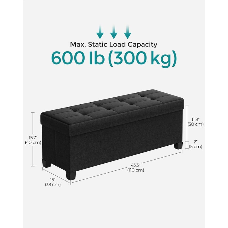 Fabric Upholstered 43" Wide Small Storage Ottoman with Wooden Legs and Tufted Lid
