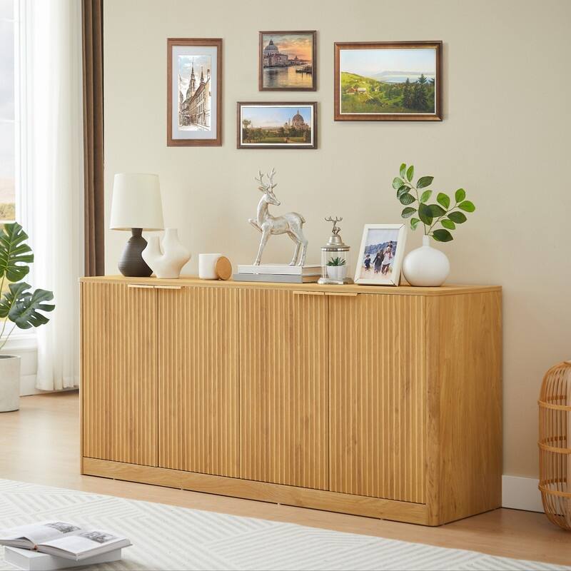 Modern 59" Fluted Buffet Sideboard Cabinet with Shelves, TV Stand Storage Cabinet with 4 Wave Doors for Organized Living Spaces