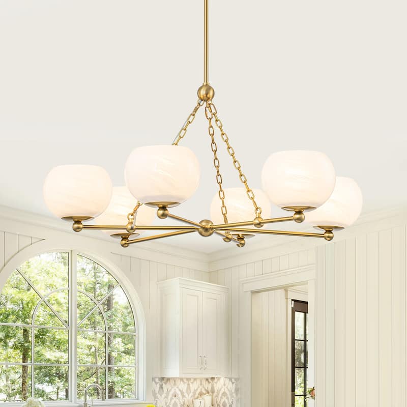6-Light Brushed Gold Branch Chandelier with Cloud-Pattern Glass Shades - Dia.35.43-in
