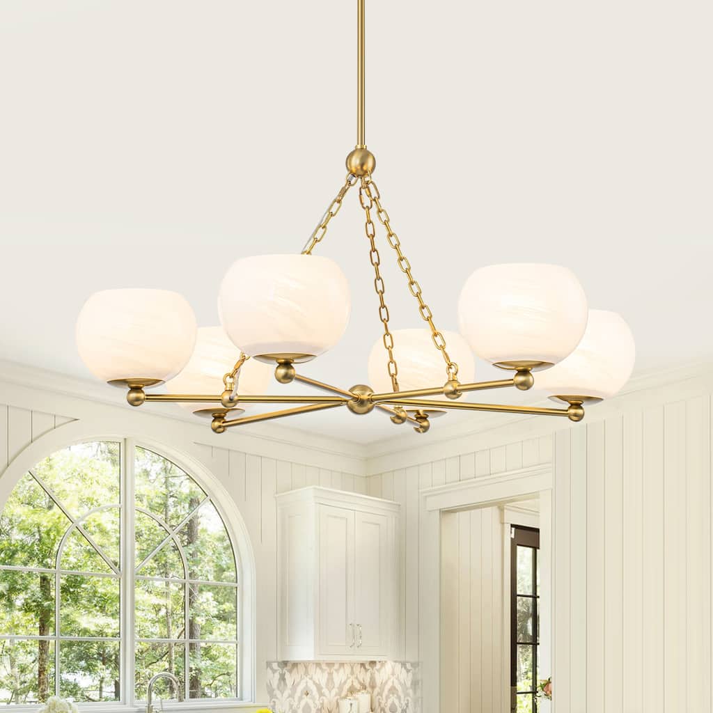 6-Light Brushed Gold Branch Chandelier with Cloud-Pattern Glass Shades - Dia.35.43-in