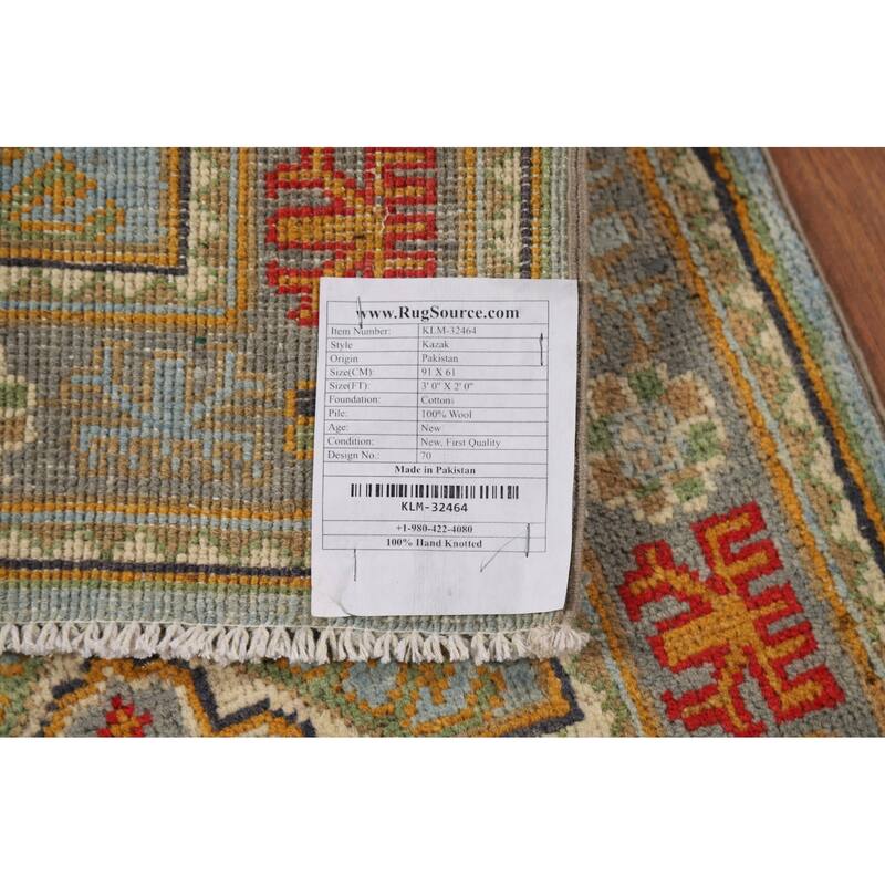 Geometric Kazak Oriental Accent Rug Hand-Knotted Wool Carpet - 2'0" x 3'0"