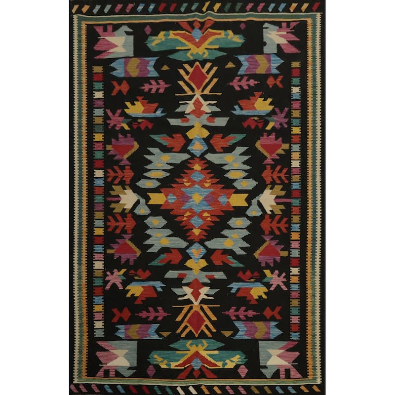 Hand Woven Oriental 100% Wool Carpet Southwestern Tribal Black Kilim Area Rug - 9' 10'' X 6' 8''