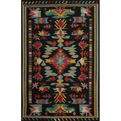 Hand Woven Oriental 100% Wool Carpet Southwestern Tribal Black Kilim Area Rug - 9' 10'' X 6' 8''