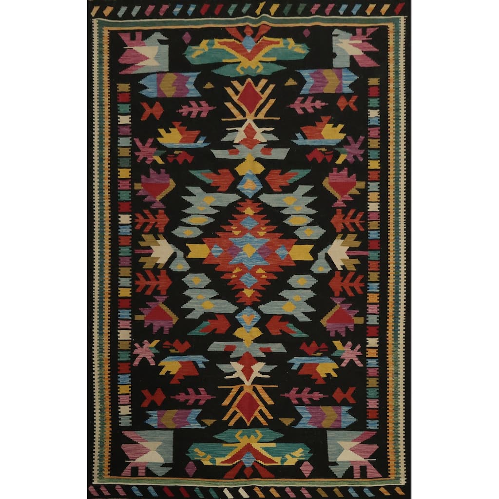 Hand Woven Oriental 100% Wool Carpet Southwestern Tribal Black Kilim Area Rug - 9' 10'' X 6' 8''