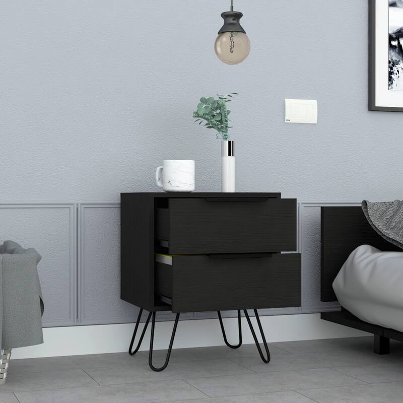 Modern 2-Drawer Nightstand with Hairpin Legs, Black Finish, Compact and Functional Design