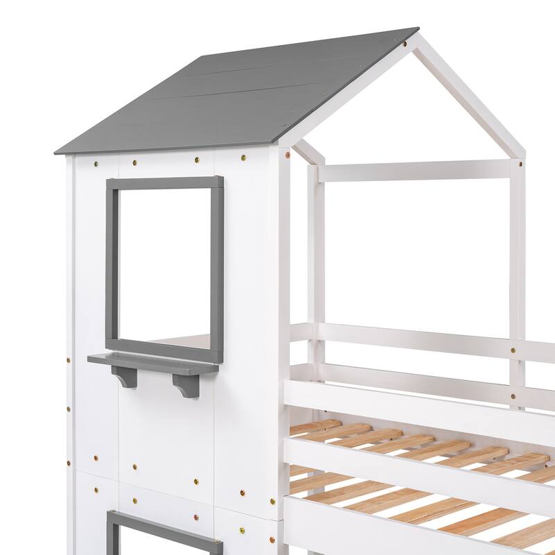 Twin over Twin Size Solid Wood Bunk Bed Wood Bed with Roof, Window, Guardrail, Ladder