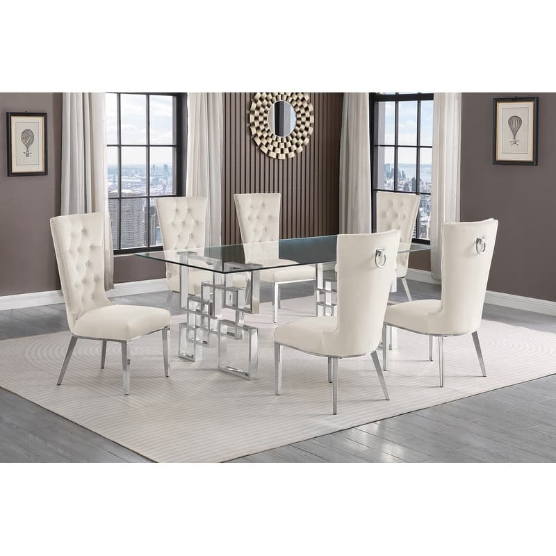 Best Quality Furniture D221/2-SC330-7 Dining Set with 12mm Tempered Glass - 7-Piece - Cream with Silver