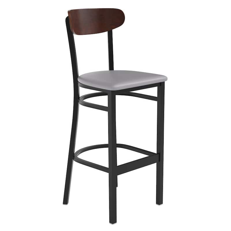 Commercial Metal Barstool with Wood Seat and Boomerang Back