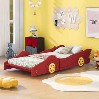 Red Pine Wood Twin Size Race Car-Shaped Platform Bed with Wheels ...