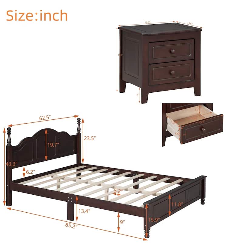 3-Pieces Bedroom Sets Rustic Platform Bed with 2 Nightstands