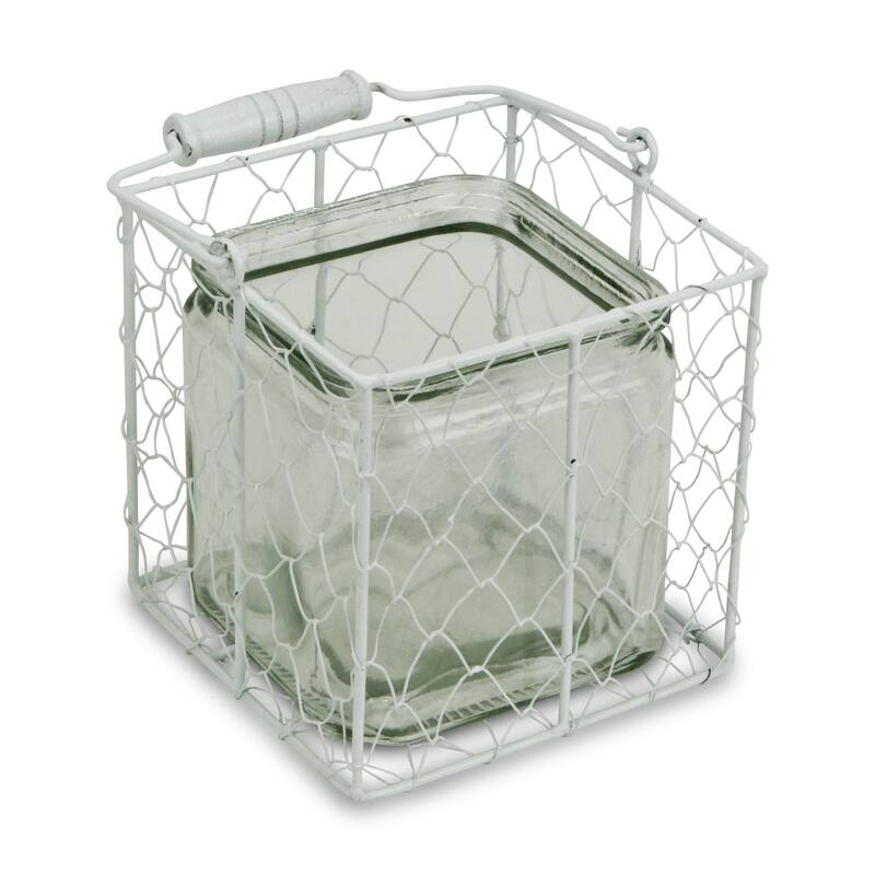 HomeRoots 5.5" White and Clear Wire Basket Glass Jar - 5.5" x 5.5" x 5.5"