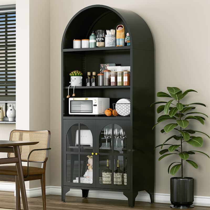 73.6-Inch Arched Metal Storage Display Cabinet with Adjustable Shelves - Arched Cross Doors - Black