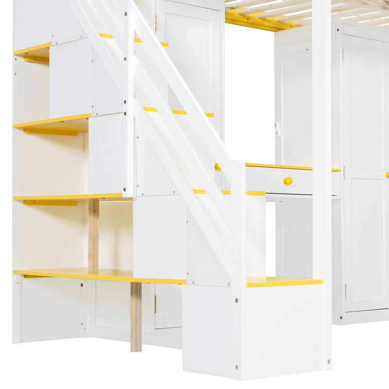 Full Size Loft Bed Frame for Kids with Storage Staircase, Wardrobe, Cabinets, USB, LED and Dressing Table with Mirror and Drawer