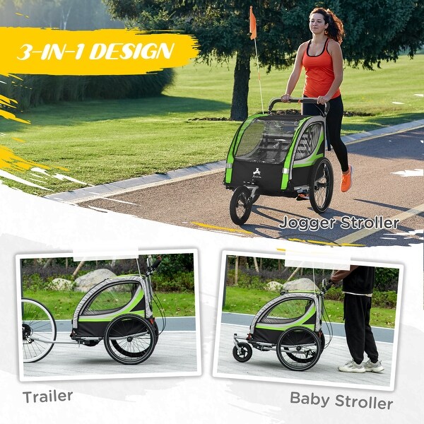 Aosom Child Baby Bike Trailer Kids 2 Seater Bike Stroller Toddler Green