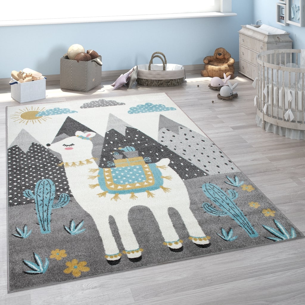 Kids Rug for Nursery with Llama and Mountains in Grey Blue Cream