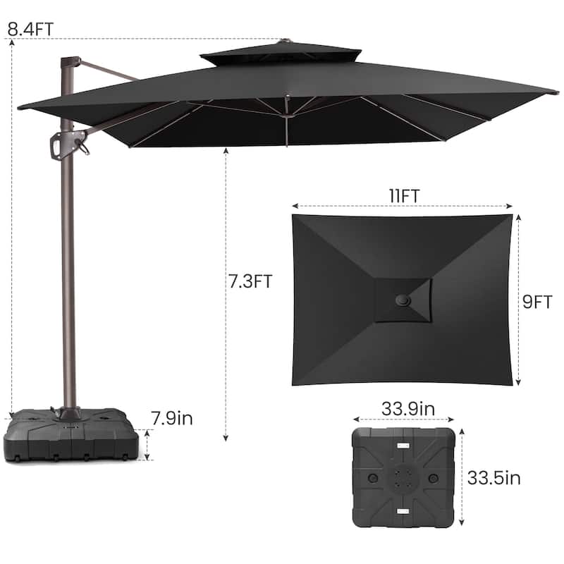11 × 9 ft Outdoor Patio Offset Cantilever Dual Top Umbrella with Weighted Base