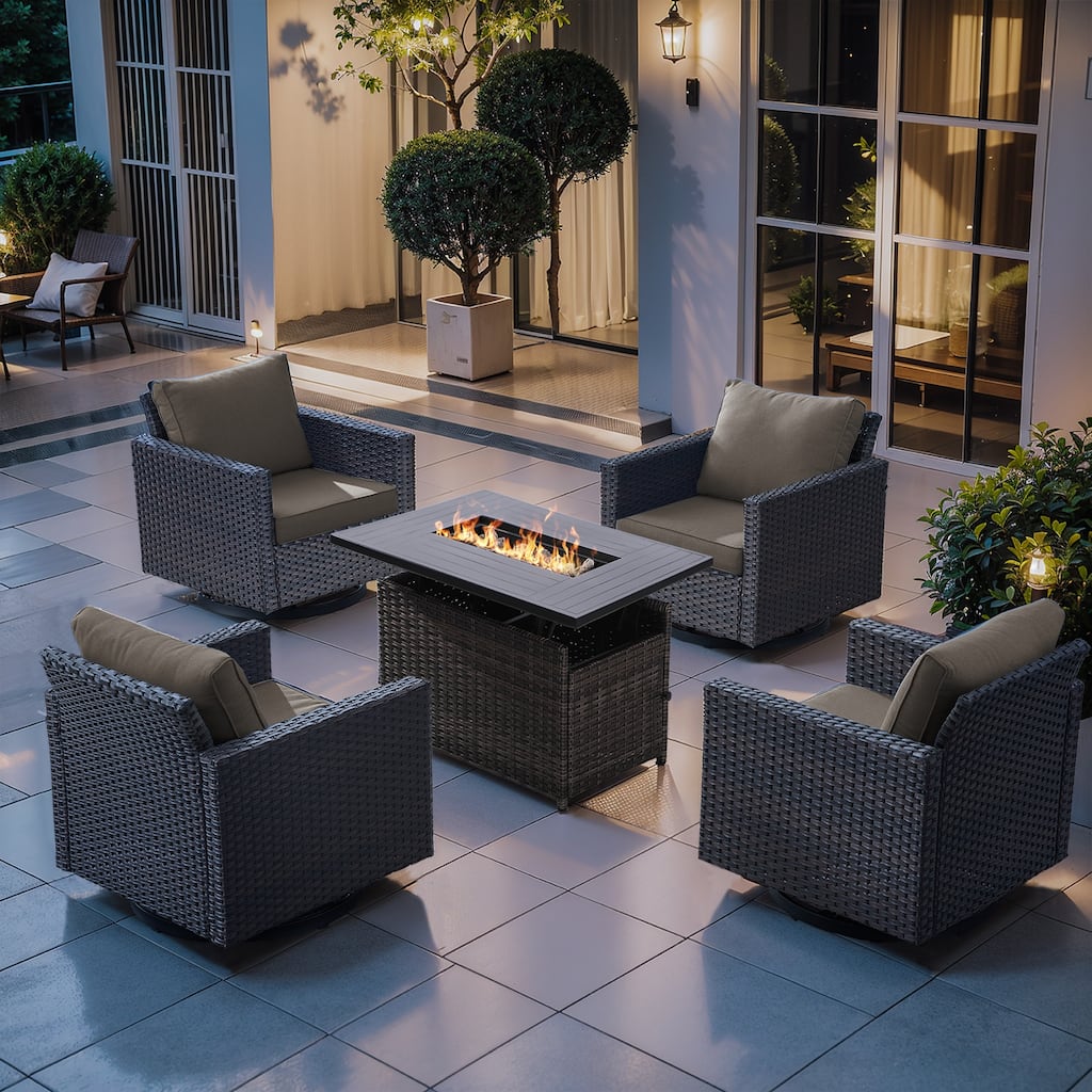 Outdoor Grey Wicker Fire Pit Table with 4PCS Swivel Chairs - 4PCS Brown Wicker Chairs w/ Grey Wicker Fire Table