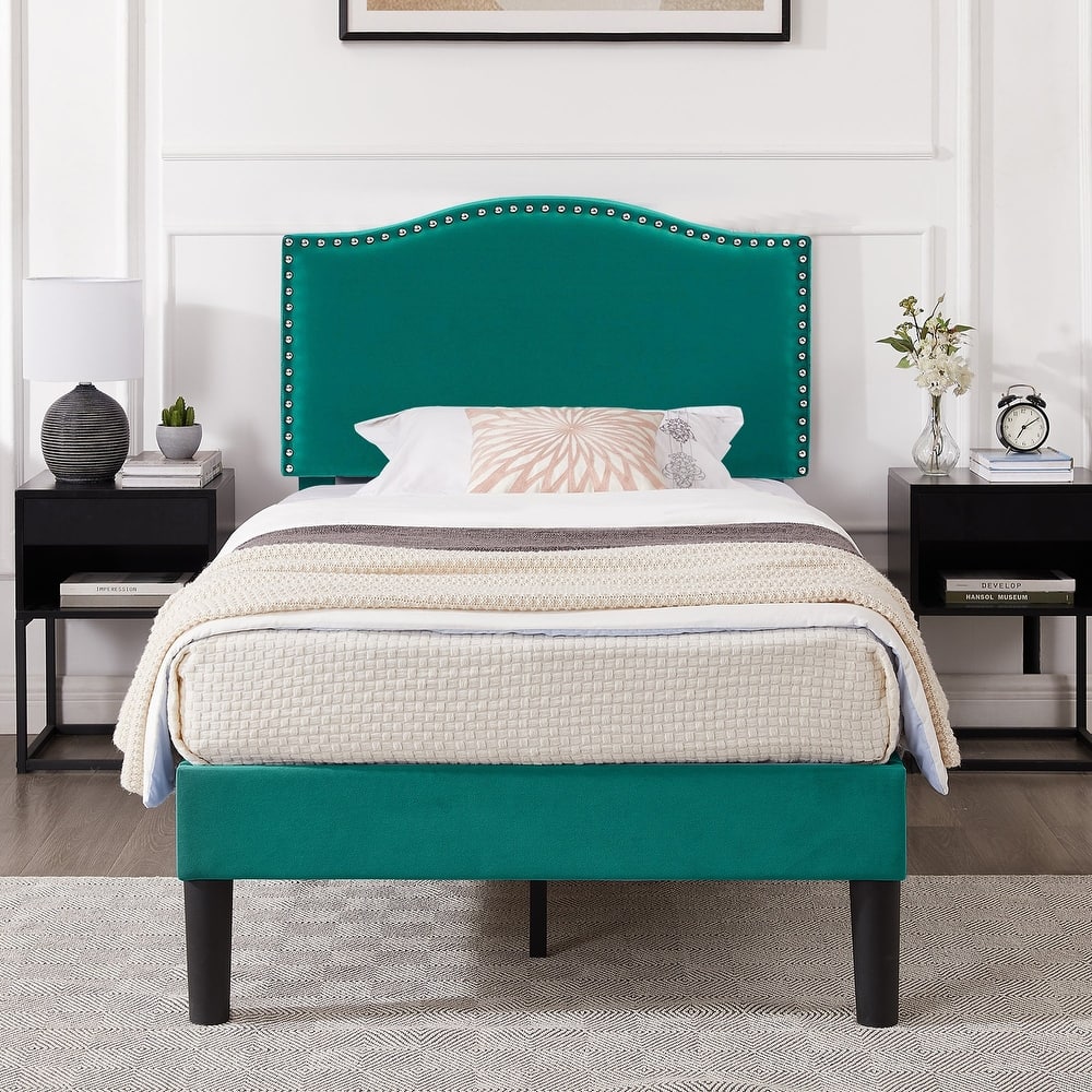 Javlergo Velvet Upholstered Bed Frame with Adjustable Headboard & Nailhead Trim Heavy-Duty Frame with Center Support Leg
