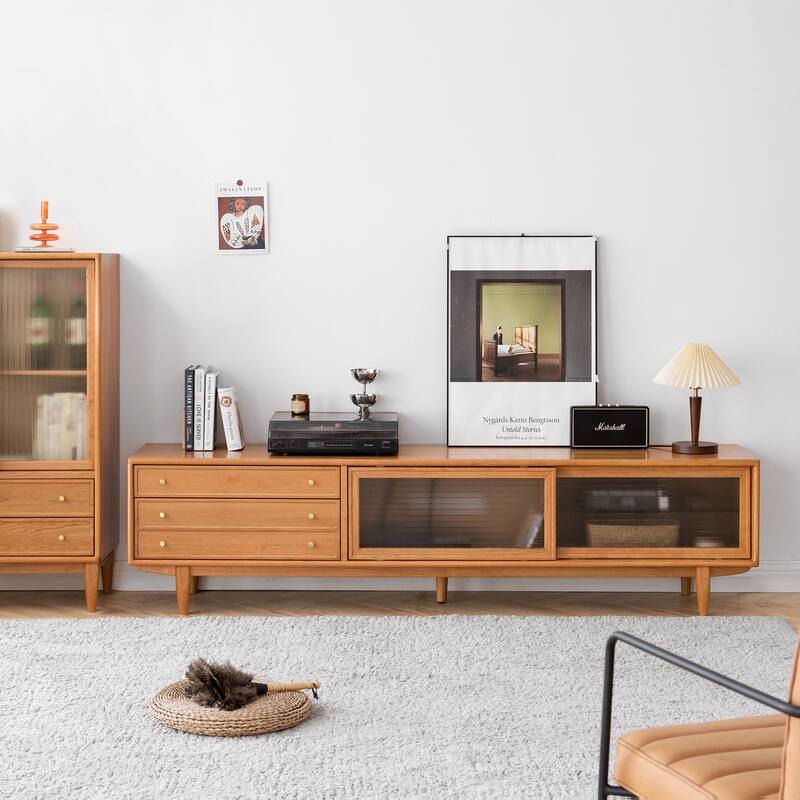 Modern TV Stand Solid Cherry Wood TV Stand with Changhong Glass Doors, 2 Drawers and Storage Space, for Living Rooms