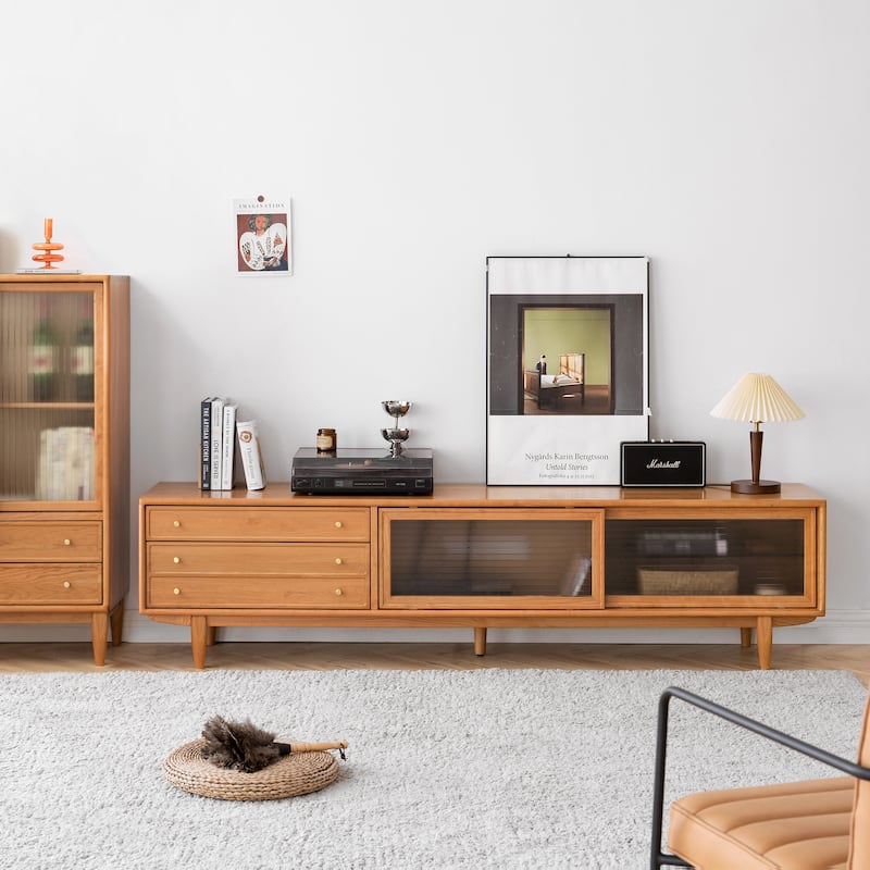 Modern TV Stand with Glass Doors and Drawers