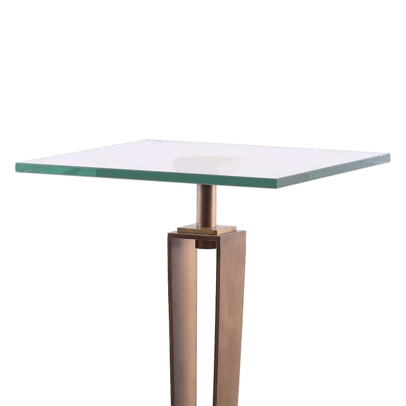 11" Brushed Brass Square Glass Marble Pedestal End Table