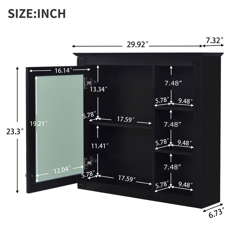 Modern Bathroom Wall Cabinet Medicine Cabinet with Mirror, 3 Open Compartments, Adjustable Shelf and Vintage Handle