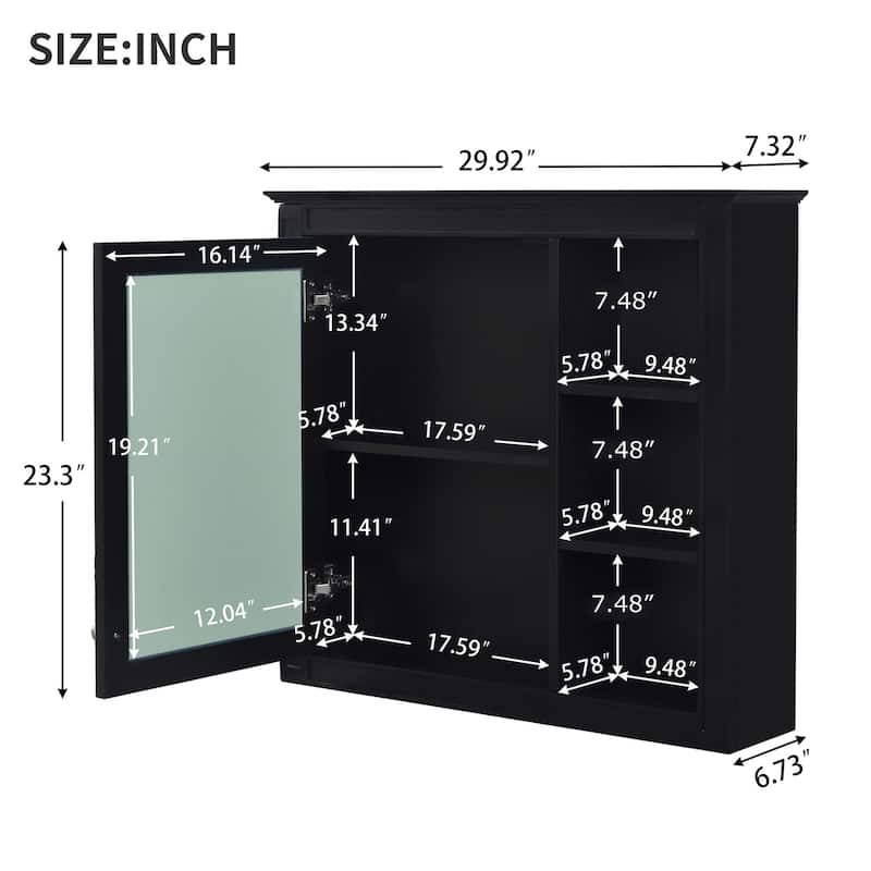 Modern Wall-Mounted Medicine Cabinet with Mirror and Open Shelves, 30" Bathroom Storage Cabinet