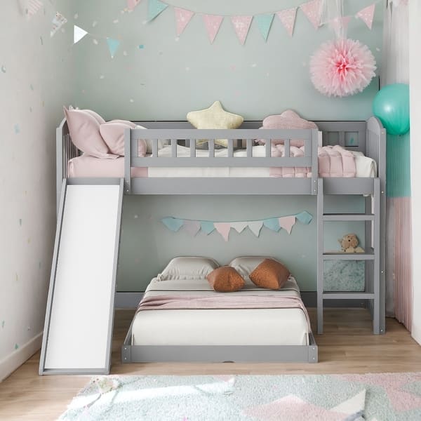 slide 2 of 13, Elegant Design Twin Over Twin Bunk Bed, Children's Bunk Bed, Apartment Twin Over Twin Bunk Bed Gray