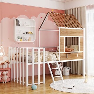 White Twin Size Metal Loft Bed with Roof, Window, Guardrail and Ladder for Kids, Boys and Girls, Bedroom