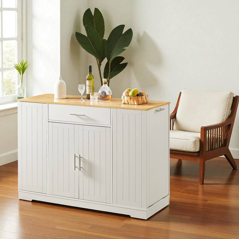 53" Modern Farmhouse Kitchen Island with Drawer, Tilt-Out Trash Can Storage, Adjustable Shelves & Spice Rack for Kitchen