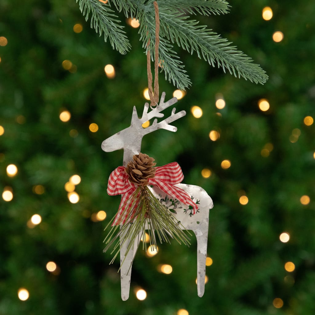 6.25" Silver Metal Reindeer Christmas Ornament with a Gingham Bowtie and Pine
