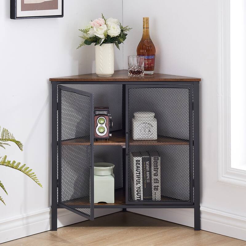 Javlergo Corner Table Modern Triangle 3-tier Storage Shelf with 2 Doors for Living Room Bedroom Office - Brown