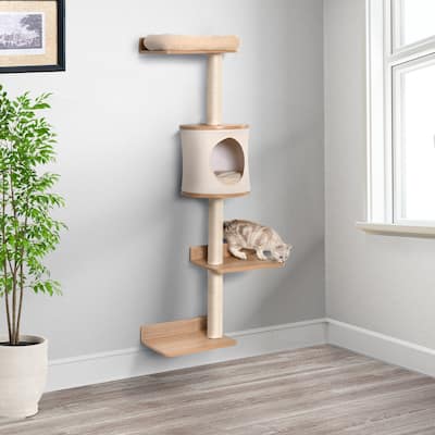PawHut 4-Level Wall-Mounted Cat Tree Activity Tower, Wall Cat Shelves with Sisal Rope Scratching Posts, Cat Condo and Bed