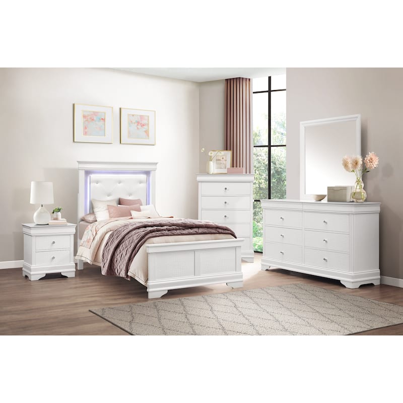 LED Upholstered Bed White Finish Glam Style