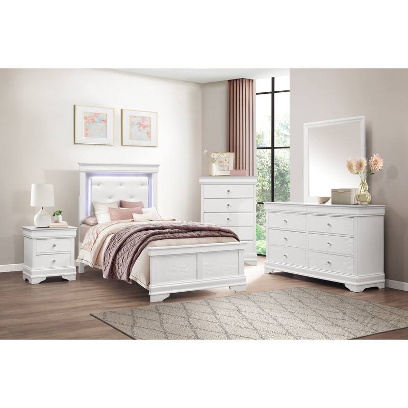 White Modern Glam Bedroom Furniture LED Light Bed Set - Twin - 6 Piece