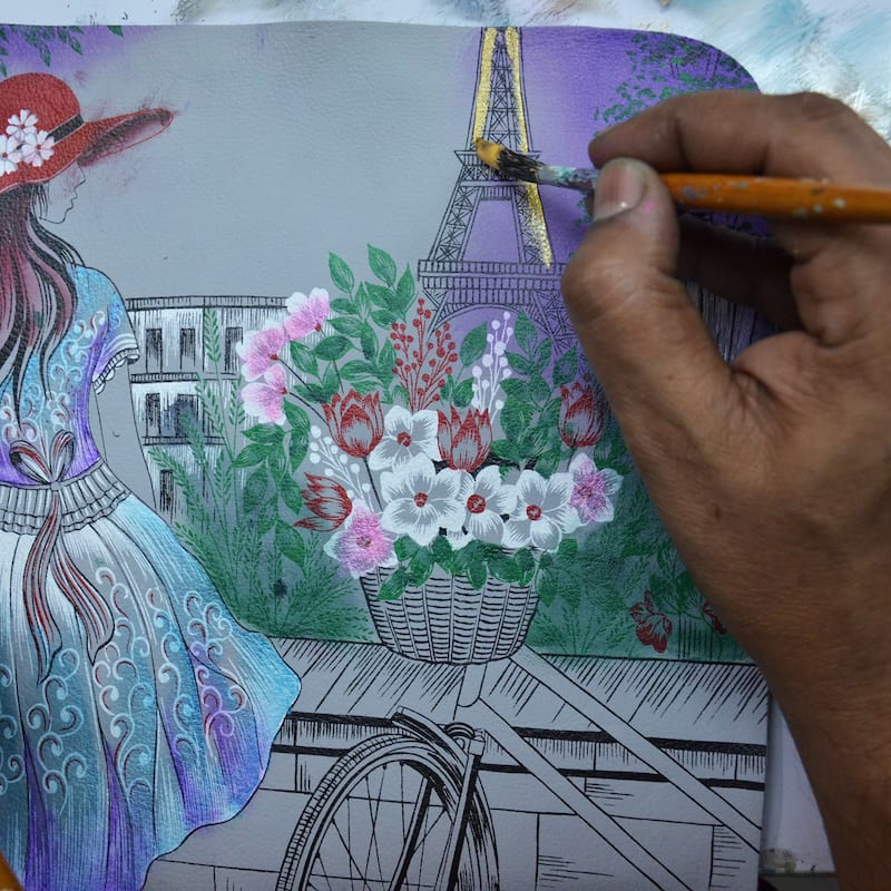 Handpainted Leather Ladies Luggage Tag - Paris Sunrise - Multi