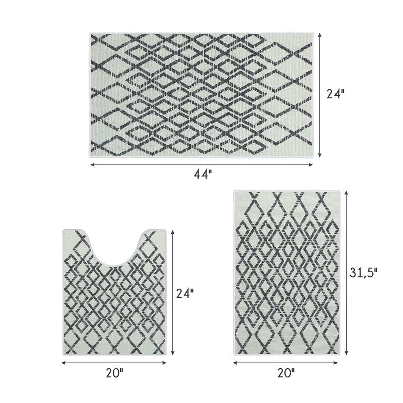 Geometric Design 3 Piece Bathroom Rugs Set - Non-Slip Ultra Thin Bath Rugs for Bathroom Floor - Washable Bathroom Mats Set