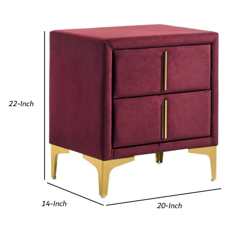 Bios 24 Inch Nightstand, 2 Drawers, Red Vegan Faux Leather, Gold Accents