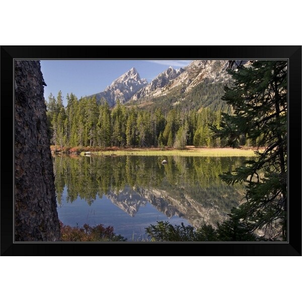 "Grand Teton and Mt Teewinot reflected into String Lake, Wyoming" Black Framed Print