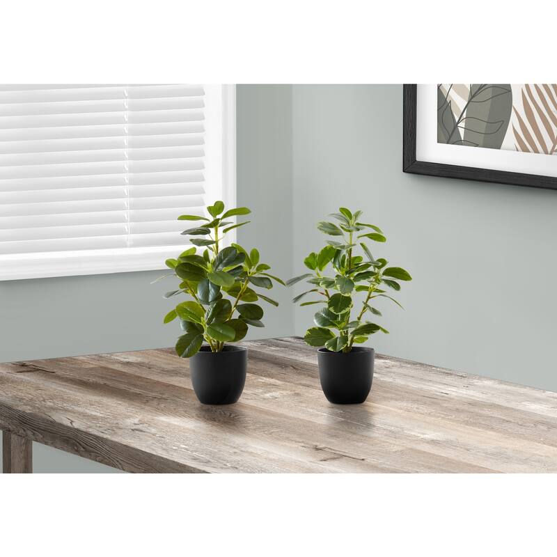 Artificial Ficus Plants Set of 2 - 14 Inch Tall Faux Greenery with 56 Adjustable Leaves in Black Pots - Green