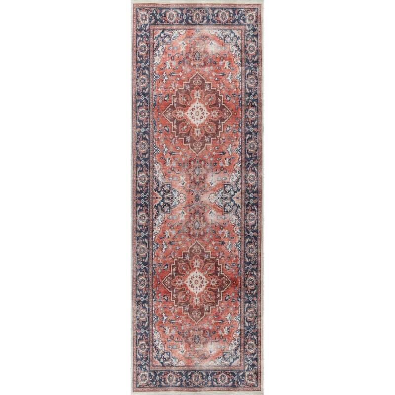 Machine Washable Collection Rust/Brown/Blue Medallion Area Rug