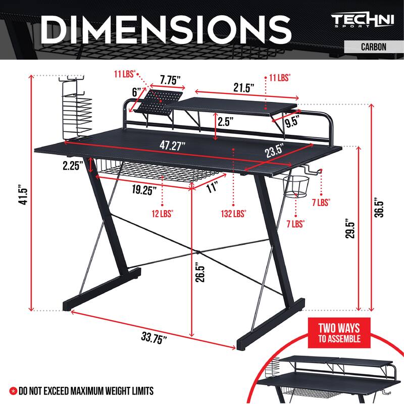 Techni Sport TS-200 Carbon Computer Gaming Desk with Shelving - Black