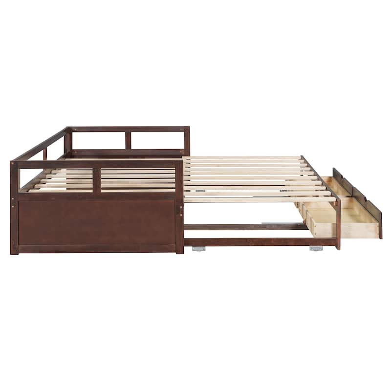 Pine Wood Daybed with Pull-Out Trundle and Two Storage Drawers, Twin to King