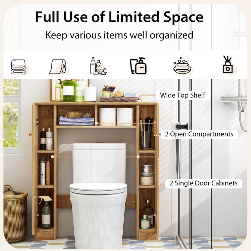 Over Toilet Storage Cabinet with Shelves and Double Door Cabinets