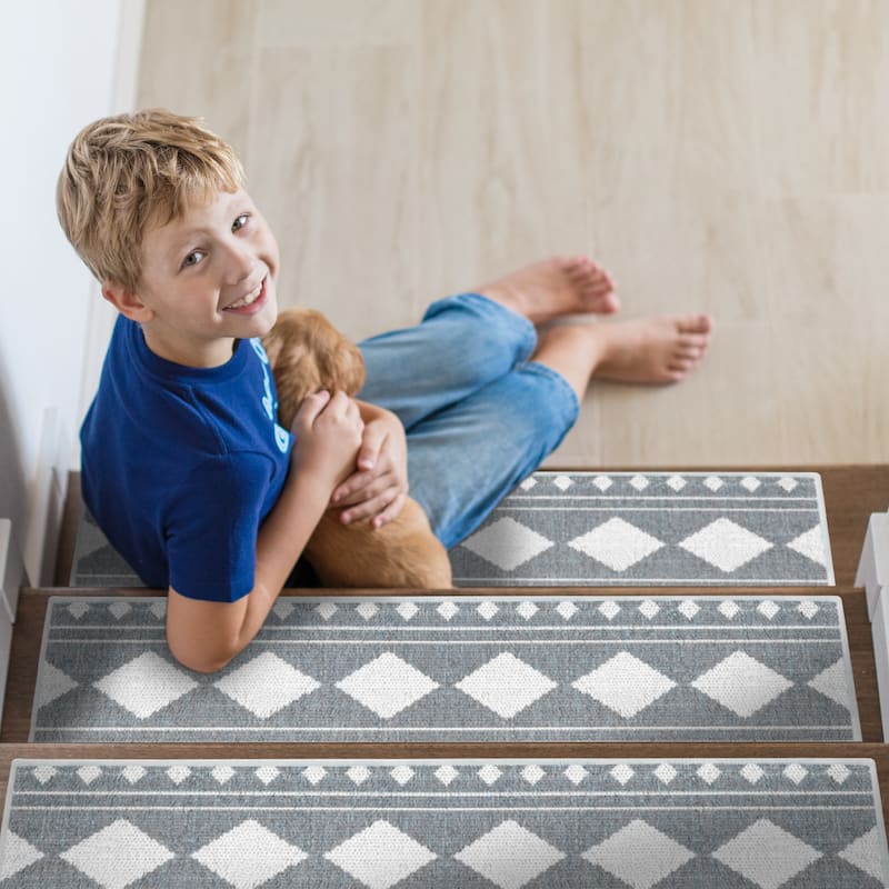 SussexHome Diamond Design 9" X 28" Stair Treads - 70% Cotton Anti-Slip Carpet Strips for Indoor Stairs-with Double Adhesive Tape - 7 PACK - Gray